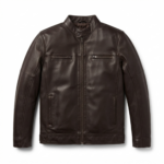 Ozil Men's Box-Stitch Snap Collar Racer Jacket – Genuine Sheepskin Leather, Dark Brown - Image 2