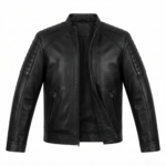 Ozil Men's Quilted Snap Collar Racer Jacket – Genuine Sheepskin Leather, Black - Image 4