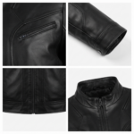 Ozil Men's Leather Racer Biker Jacket – Genuine Sheepskin, Black - Image 6