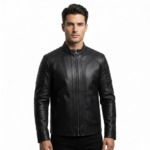 Ozil Men's Quilted Snap Collar Racer Jacket – Genuine Sheepskin Leather, Black