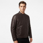 Ozil Men's Box-Stitch Snap Collar Racer Jacket – Genuine Sheepskin Leather, Dark Brown