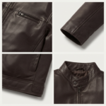 Ozil Men's Box-Stitch Snap Collar Racer Jacket – Genuine Sheepskin Leather, Dark Brown - Image 5