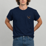 Man wearing Beechikki navy T-shirt with diving eagle chest print