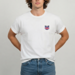 Man wearing Beechikki white T-shirt with England shield badge chest print
