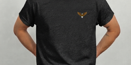 Man wearing Beechikki charcoal grey marl T-shirt with spread wing eagle chest print