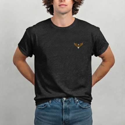 Man wearing Beechikki charcoal grey marl T-shirt with spread wing eagle chest print